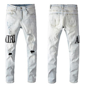 High Street Wind AM <b>Embroidered</b> <b>Jeans</b> <b>Men's</b> Ripped Elastic Slim Legs <b>Men</b> Denim <b>Jeans</b> Casual Distressed Streetwear Washed <b>Jeans</b> - Product Image 4