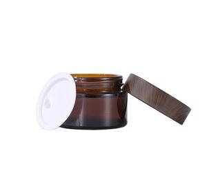 Vente en gros de pots à crème pour le visage en ambre de 5g, 10g, 15g, 20g, 30g, 50g, avec couvercles en plastique imitation bois et contenants en verre - Product Image 2