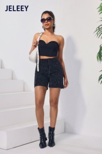 JELEEEY Pantaloncini con paillettes a vita alta con top corto, set sexy da discoteca, outfit estivo alla moda da donna - Product Image 4