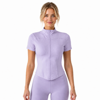 Haut de yoga pour femme grande taille avec logo personnalisé, lavande, manches courtes, fermeture éclair, col montant, extensible dans quatre directions, coupe ajustée, respirant, vêtements de sport