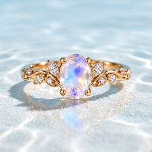Oval Rainbow <b>Moonstone</b> Ring 925 Sterling Silver Leaf Vine Engagement Ring Gold Plated Custom Gemstone <b>Jewelry</b> - Product Image 4