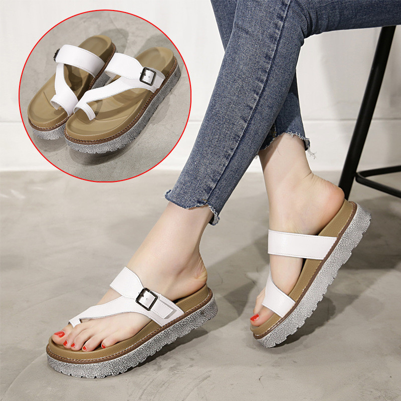 Cowhide Slippers Women Outdoor Muffin Bottom Clip Footwear Flat Sandals Thick Soft Slippers