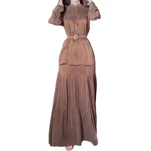 Fashion solid color round neck pleated slim top skirt two-piece set of Muslim conservative long skirt robe abaya dubai