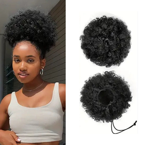 Afro Puff Drawstring <span class=keywords><strong>Ponytail</strong></span> with Bangs Pineapple Updo Hair for Black Women Short Kinky Curly <span class=keywords><strong>Ponytail</strong></span> Bun - Product Image 1