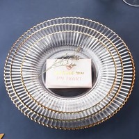 Vaisselle de restaurant en gros, assiette à dîner en verre de 13 pouces avec bord doré, verre à nervures argentées pour mariage, assiettes de présentation irrégulières