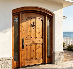 Puerta de entrada rústica de madera maciza Qifan con laterales de vidrio y herrajes de hierro para uso exterior - Product Image 5