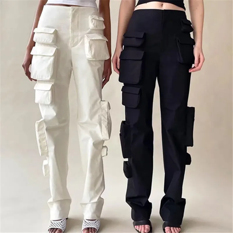 Pantalon avec poches pour femmes, modèle vintage, Style de rue, taille haute, à la mode, jambe droite, Cargo, personnalisé