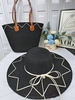 Conjunto de Sombrero Panamá de Paja Rafia de Ala Ancha y Bolso Tote a Rayas, Estilo Casual Deportivo para Verano, Ciclismo, Fiestas y Actividades al Aire Libre