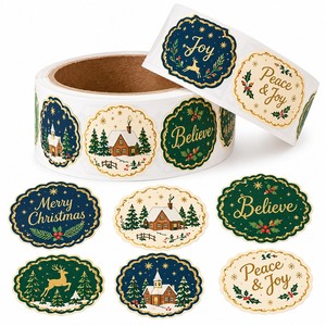 Rollo de Pegatinas Navideñas Personalizadas, Vinilo Kiss Cut, Santa Claus, Muñeco de Nieve, Reno, Dorado Metálico, Feliz Navidad, para Envolver Regalos - Product Image 4