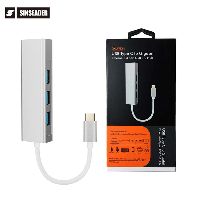 Multi-Port Adapter Type C to 1000Mbps Ethernet High Speed USB 3.0 4-Port USB Hub for Laptops