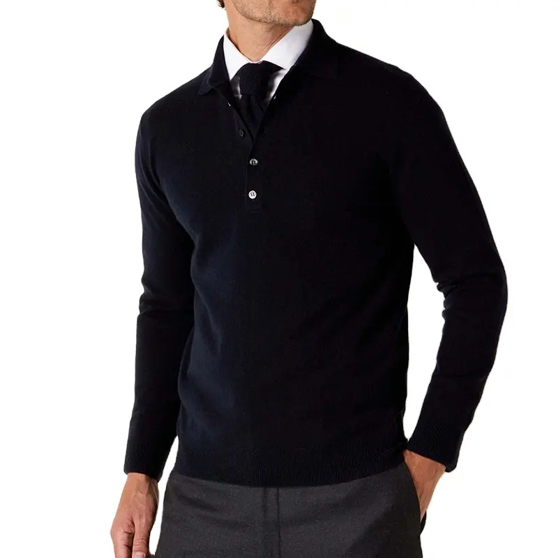 Kemeja Polo kancing kasmir standar wol pria 100% atasan rajut musim gugur dengan Logo cetak gaya kasual untuk musim dingin