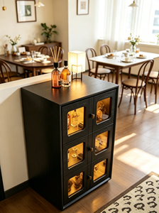 Modern Black Stackable Cabinet with Glass Doors and Internal Lighting for Entryway <b>Storage</b> - Product Image 4
