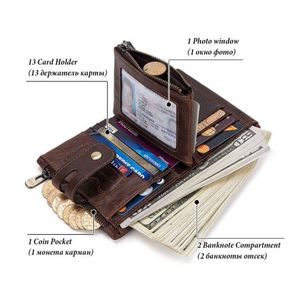 Men'S <b>Small</b> Short Genuine Leather Double Zipper Wallet Multi-Card Pocket Money Clip Coin <b>Purse</b> Card Holder Wallet With Chain - Product Image 5