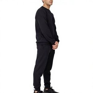 Conjunto Deportivo de Sudadera con Cuello Redondo para Hombre, Color Negro Sólido, Manga Larga, Corte Regular Informal, Algodón de Peso Medio, Ropa de Otoño con Bolsillos Laterales - Product Image 2