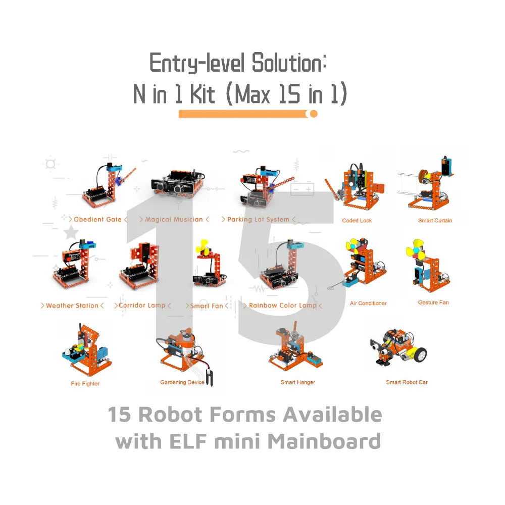 ODM/OEM oyuncak robot diy 7-15 in 1 özelleştirme kiti (ELF mini) dahili akıllı ev yenilik eğitici kodlama robot kiti