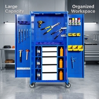Armoire à outils mobile industrielle robuste et moderne, chariot de rangement extérieur multi-portes sur roues avec panneau perforé et tiroirs pour atelier