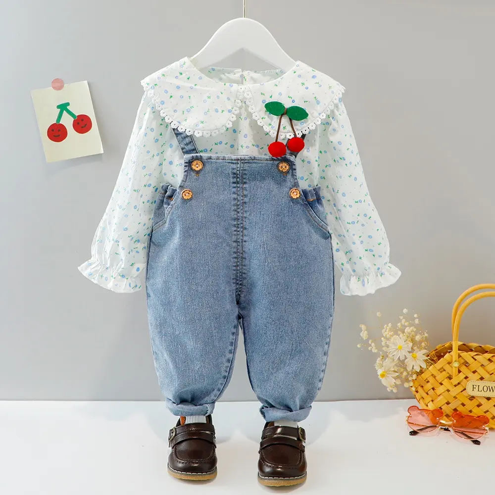 2023 ilkbahar sonbahar çocuk giyim sevimli bebek yaka çiçek baskı kiraz gömlek Denim tulum iki parçalı takım elbise bebek giysileri kız