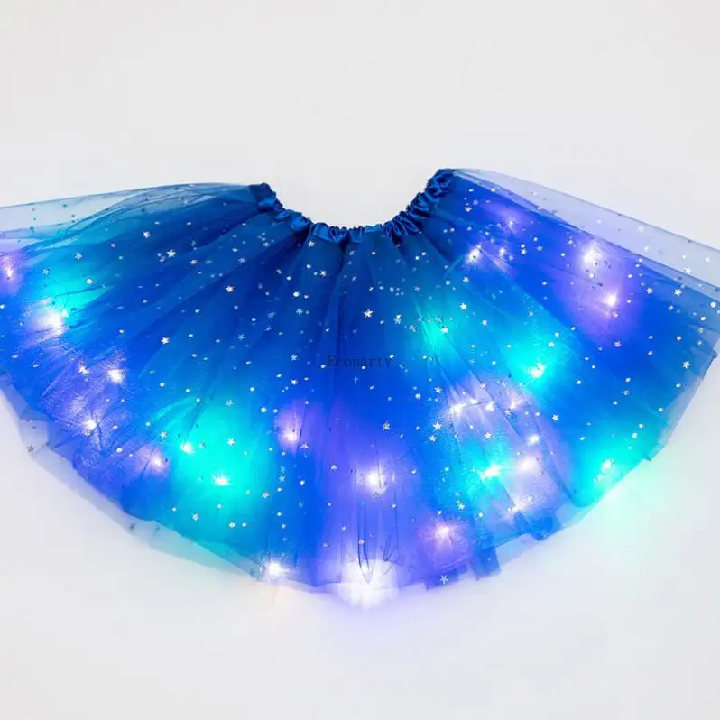 LED parlayan ışık prenses etek kadın katmanlı örgü ışıkları balerin parti dans kabarık etek lateks Mini etek kostüm
