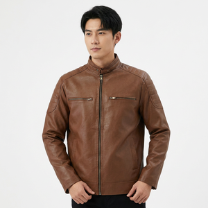Chaqueta de cuero marrón para hombre, estilo motociclista, con cuello alto, cierre de cremallera, corte ajustado, para otoño, estilo Cafe Racer. - Product Image 2