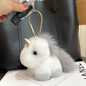Porte-clés <span class=keywords><strong>Licorne</strong></span> de Luxe en Véritable Fourrure de Lapin Rex, Porte-clés Poney Moelleux, Porte-clés Animal en Peluche pour Sac à Dos, Cadeau d'Anniversaire pour Femme - Product Image 1