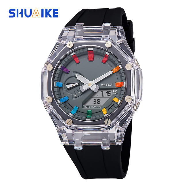 GA2100 Outdoor Sports Watch Men's Simple Color LED Dual Time Display Digital Watch Solid Color Rubber Strap Watch