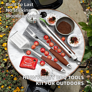 Ensemble <span class=keywords><strong>de</strong></span> 3 outils <span class=keywords><strong>de</strong></span> barbecue en acier inoxydable avec manches en bois - Outils <span class=keywords><strong>de</strong></span> grillade robustes pour barbecue, camping et cuisine en plein air - Product Image 2