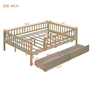 Lit de jour pleine grandeur en bois avec deux tiroirs, rangement naturel pour enfants - Product Image 3