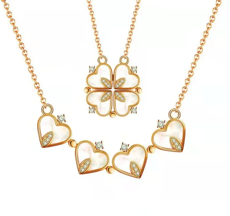 Hot Selling Heart Open Close Foldable Pendant Necklace Four-leaf Clover Necklace Mother Of Pearl Shell Diamond Pendant Necklace
