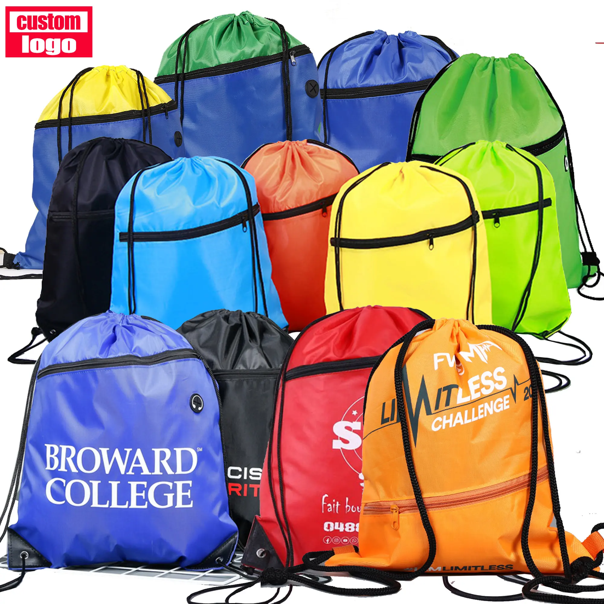 Custom Personalize Logo Printing Nylon Polyester Oem Sport Promotion Backpack Bag Side Zipper Drawstring Bag With Zipper Pocket