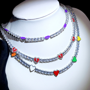 Collar con Clip de corazón esmaltado de arcoíris con corazón roto rojo para hombre y niño, cadena de tenis CZ Micro Pave, joyería de Hip Hop chapada en plata - Product Image 1