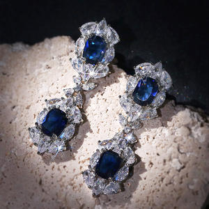 Boucles d'oreilles pendantes bleu saphir pour femme, motif floral classique, cristal taille marquise, strass en alliage, bijoux de mariage - Product Image 3