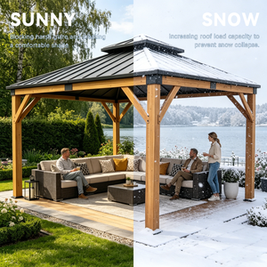 Gazebo à double étage en bois de cèdre naturel <span class=keywords><strong>avec</strong></span> rideaux d'intimité, toit en acier galvanisé, pavillon extérieur - Product Image 4