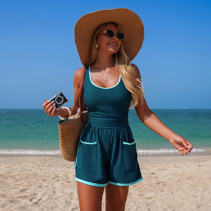 Maillot de bain une pièce pour femmes, couleur unie, col rond, avec poches, pour les sports nautiques de plage - Product Image 2