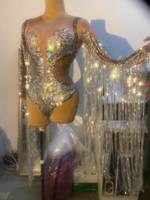 Maillot de corps à paillettes pour femmes, tenue de fête, Sexy, Club, Bar, Leotard, combinaison de danse avec des franges argentées, strass