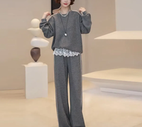 Ensemble décontracté pour femmes de style coréen 2025, respirant, en tissu tissé, deux pièces, sweat-shirt et pantalon, ourlet en dentelle, ensemble unique