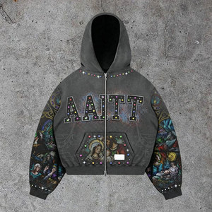 Sudadera con capucha y cremallera para hombre, de algodón grueso, con gráfico de pedrería y aplique de letras artísticas en la manga, corte holgado, efecto desgastado, estilo streetwear, personalizada. - Product Image 1