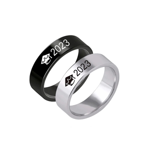 2023 졸업 반지 보석 실버 블랙 졸업 모자 스테인레스 스틸 손가락 반지 여성 남성 선물 - Product Image 1