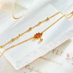 Chaîne de cheville double couche rose lotus en émail et perles rondes en cristal, bijou délicat pour femme, idéal pour l'été et la plage, vente en gros - Product Image 4