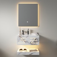Meuble-lavabo mural moderne double couche en marbre pour hôtel, avec vasque en céramique et miroir inclus, salle de bain intelligente et écologique