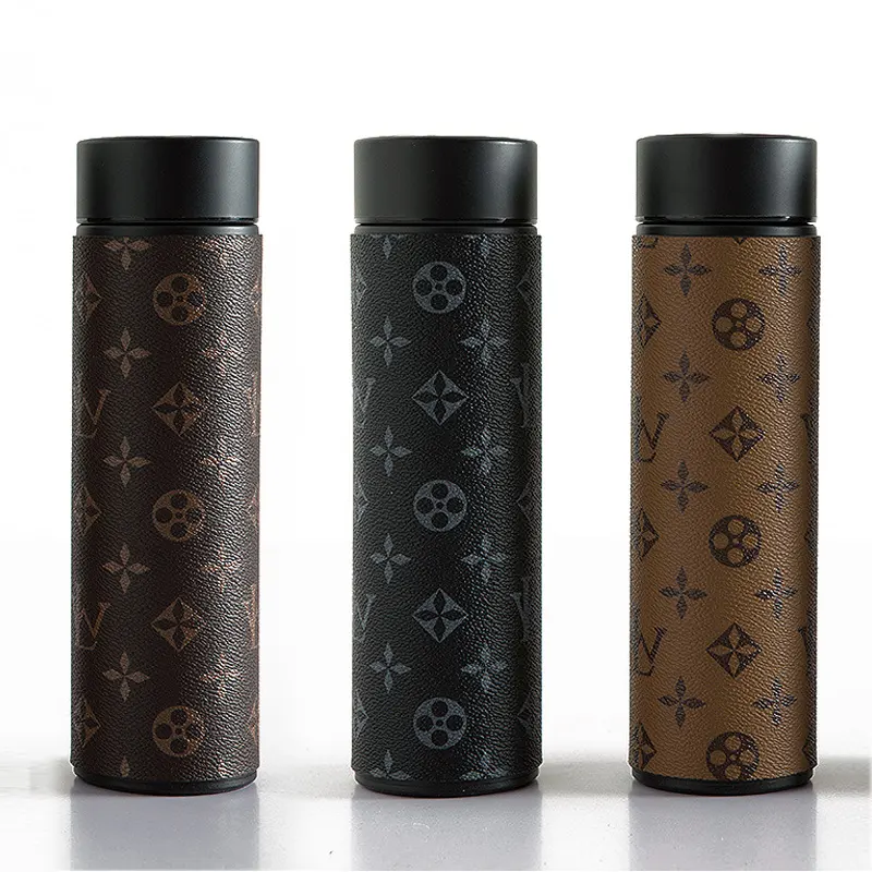 450ml Wholesale Luxury Leather Cover Smart Water Bottles Thermos Flasks with Led Temperature Display Cups