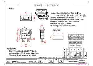 Hongju MR-2-110-C1N-BB interruptor de rocker, botão preto de interruptor de ligação, 2 pinos