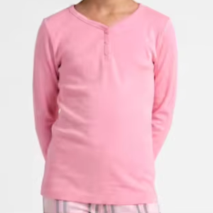 Henley pyjamaset met lange mouwen voor meisjes, effen roze top en roze geruite joggingbroek, gebreide kindernachtkleding, loungekleding - Product Image 2