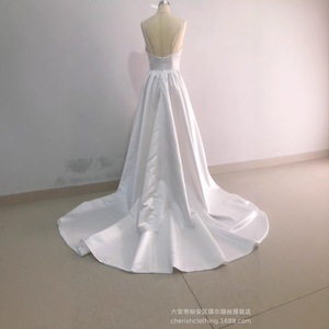 Strappy Satin Wedding Dress V Neck Natural Waist White Ivory Nylon Fabric Short Train Pocket Design - Product Image 3