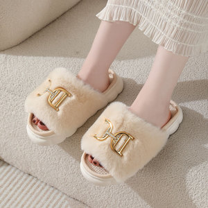 Nuevas pantuflas cálidas de lino con hebilla decorativa de piel de conejo para mujer, zapatos antideslizantes y a prueba de olores para el hogar de felpa para todas las estaciones Ins - Product Image 4