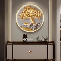 Peinture décorative à lumière ronde LED Arbre doré Mural pour foyer et couloir Peinture suspendue pour la décoration intérieure