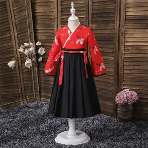 Girl's red Chinese style hanfu improved dress, crane embroidered children's princess dress long-sleeved children's wear daily