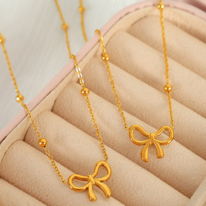 Women's Bowknot Stainless Steel Necklace And <b>Bracelet</b> <b>Set</b> Gold Color Party Fashion Jewelry - Product Image 2