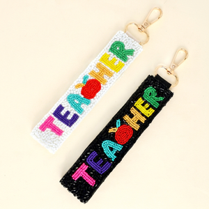 Llavero de cuentas artesanal personalizado con la palabra 'Profesor' y diseño de arcoíris, con cuentas de semilla de manzana y letras, para el regreso a clases, ideal como colgante para bolso o cartera, venta al por mayor - Product Image 1