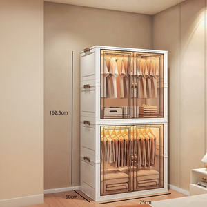 ตู้เสื้อผ้าแบบวอล์กอินสีขาวแบบตั้งพื้น ตู้เก็บของแบบแยกอิสระพร้อมราวแขวนและลิ้นชักไม้ ตู้เสื้อผ้าแบบพกพา - Product Image 4