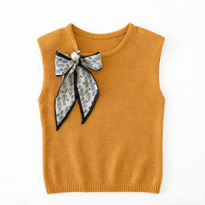 Chaleco de Punto sin Mangas para Mujer, Cuello Redondo, Informal, de Lana, con Decoración de Lazo para el Verano - Product Image 1